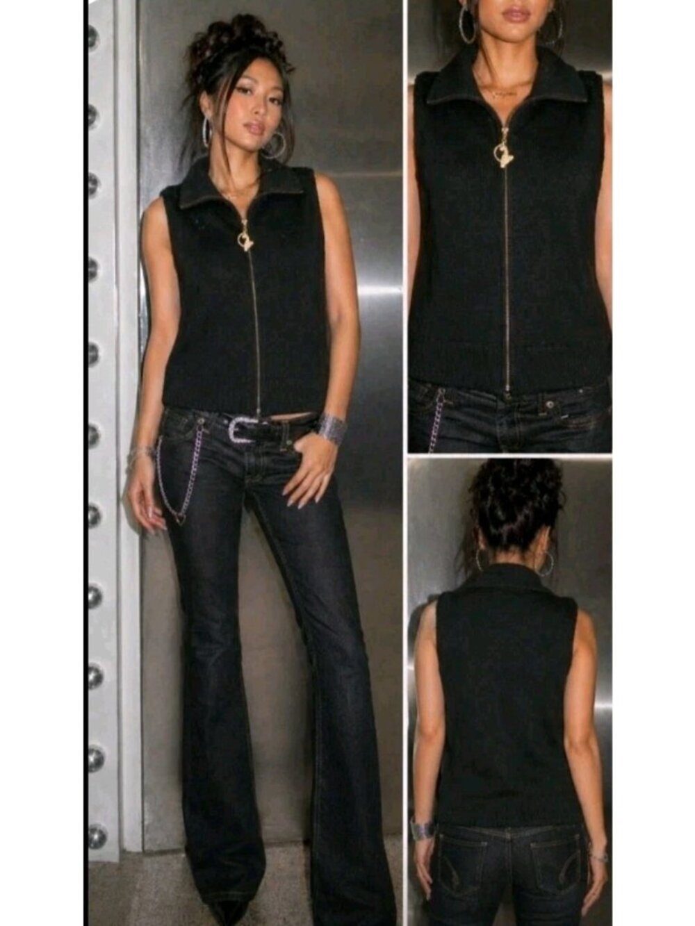 Baby Phat Womens Y2K Sleeveless Faux Fur Jacket Blingy Logo Zipper Pull Size Med